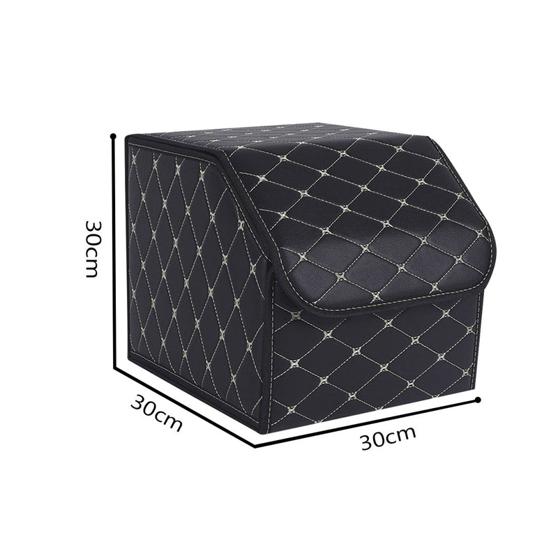 Leather Car Boot Organizer Foldable Collapsible Storage Box Black Gold Stitch Small