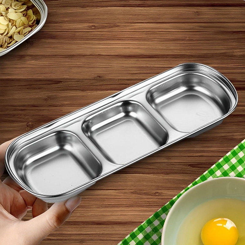 3 Compartment Stainless Steel 20.5cm Divided Sauce Dish Silver 4 Pieces