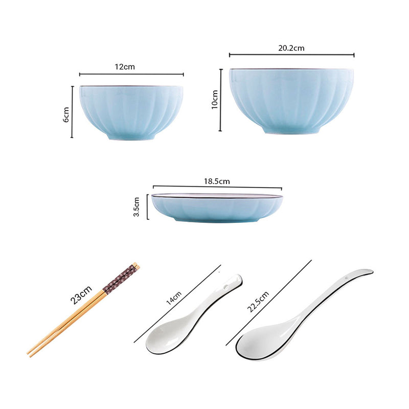 Blue Japanese Ceramic Dinnerware Set of 9 Stackable Bowls Plates Spoons