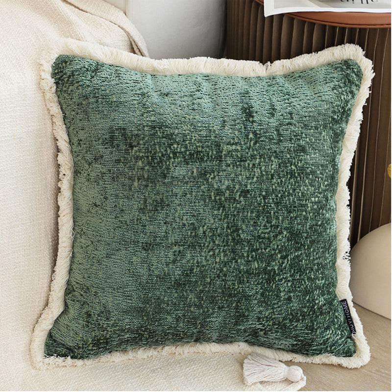 Throw Pillow 45x45cm Velvet Chenille Tassel Jade Green Plush