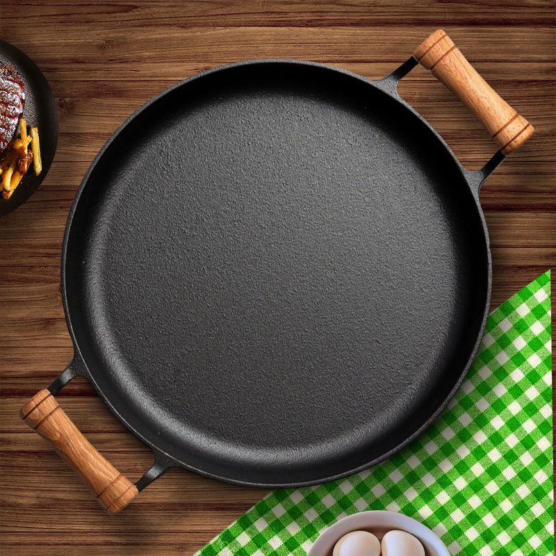 2X 35cm Cast Iron Sizzle Pan Skillet With Wooden Handle Induction Safe
