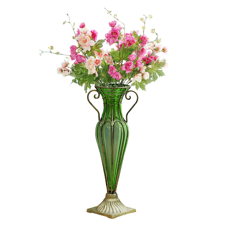 Green Glass Flower Vase 47cm Tall Solid Base Two Gold Metal Handles