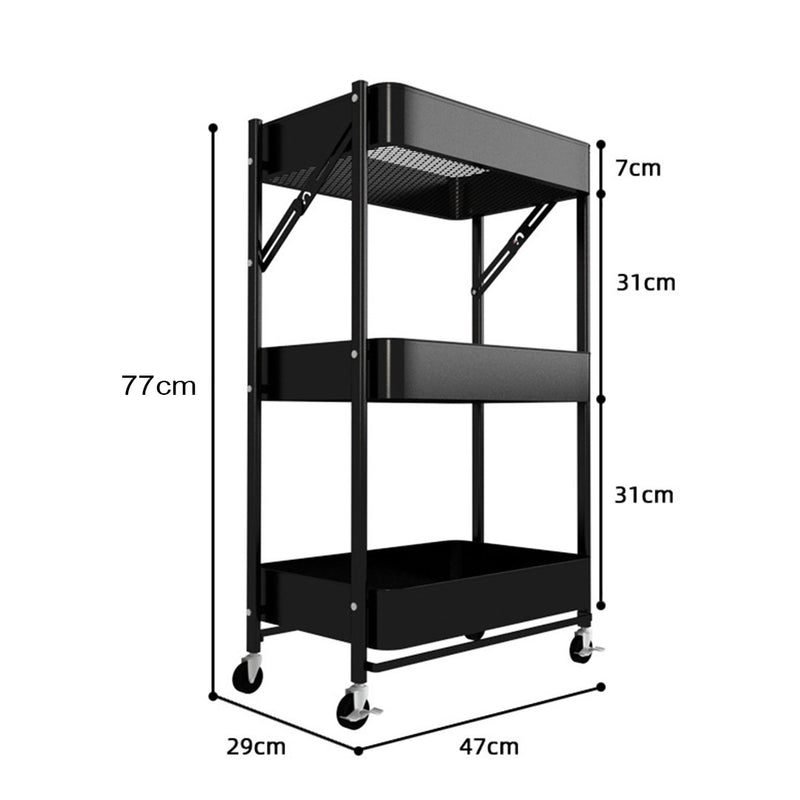 3 Tier Steel Mesh Foldable Kitchen Cart Black Wheels 10kg Per Shelf
