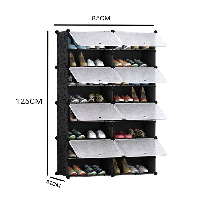 8 Tier 2 Column Shoe Rack Organizer 12 Shelves Plastic Stackable Cover Black