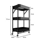3 Tier Black Foldable Kitchen Cart Carbon Steel Storage Organizer With Wheels