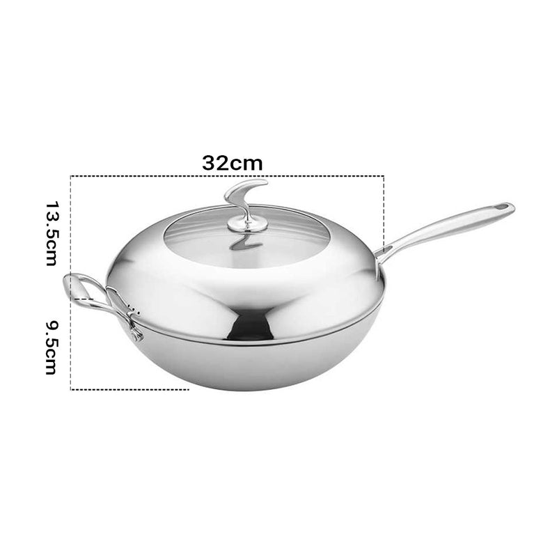 Stainless Steel Fry Pan 32cm Non Stick Skillet Helper Handle Lid Induction Safe