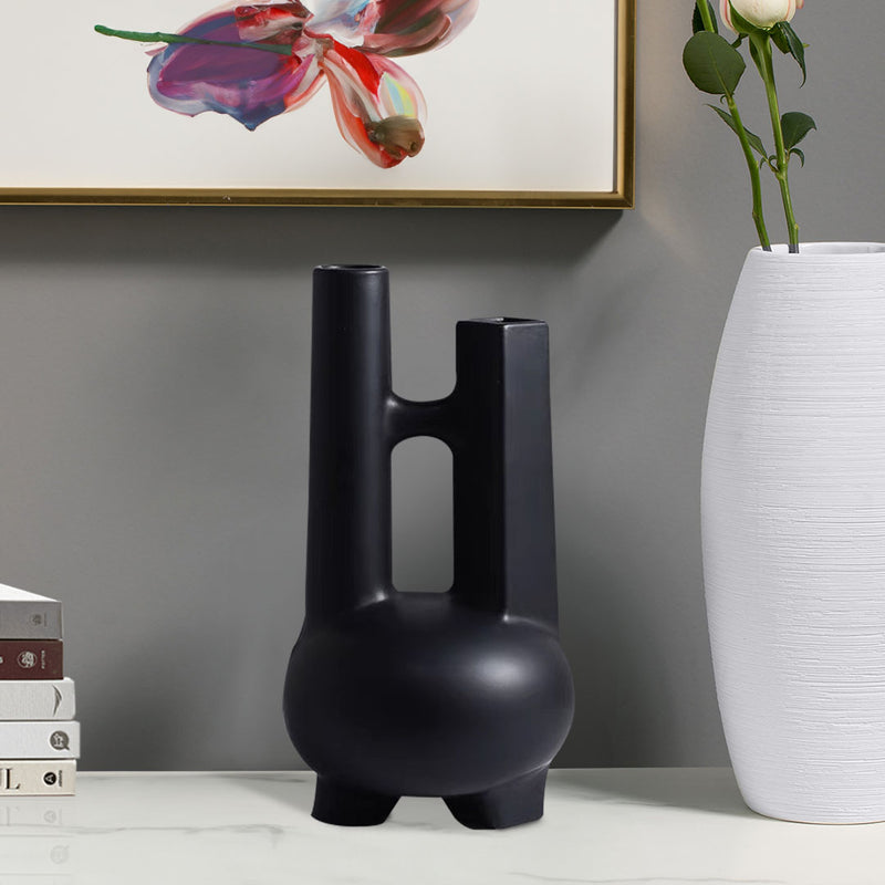 Geometric Double Tube Ceramic Vase 20.5x36.5cm Minimalist Black Sculpture
