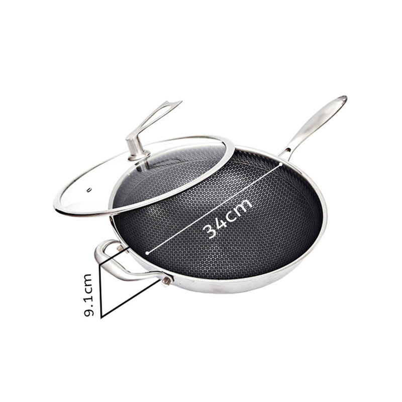 2X 34cm Tri Ply 304 Stainless Fry Pan Textured Nonstick Helper Handle Glass Lid