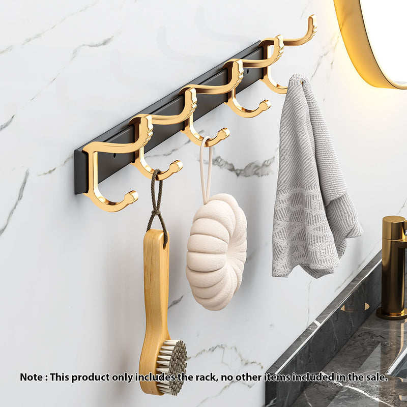 Wall Mounted Aluminum Towel Rack 41cm Space Saving with Hooks Black and Gold