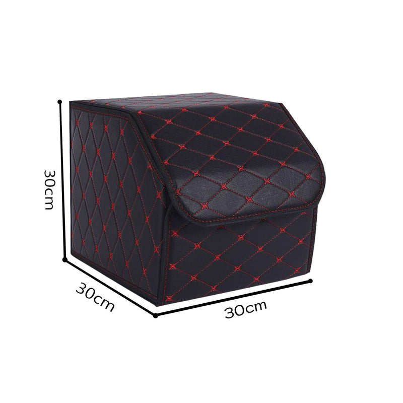Leather Car Boot Organizer 30x30x30cm Collapsible Foldable Black Red Stitch