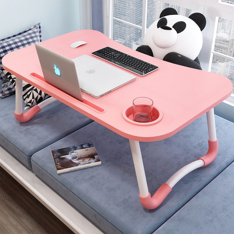 Pink Portable Bed Table MDF Kids Desk Folding Adjustable Stand with Cup-Holder
