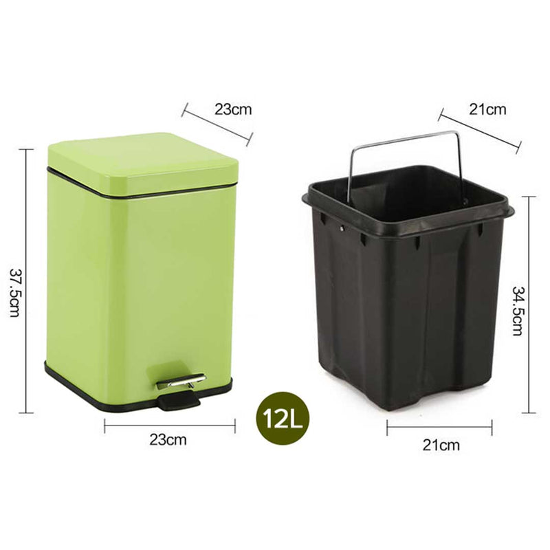 2X 12L Stainless Steel Foot Pedal Trash Bin Square Green Hands Free Recycling