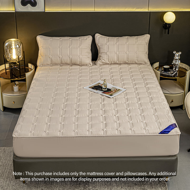 2X Beige Polyester Quilted Stretch Mattress Cover 203x183x40cm 4 Pillow Covers