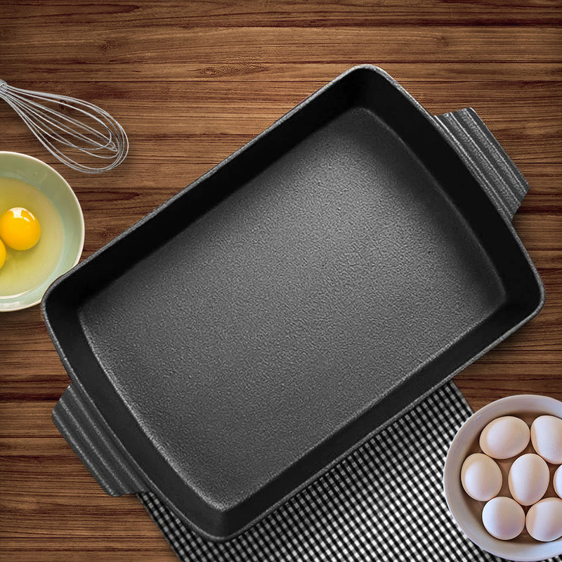 33cm Cast Iron Rectangular Baking Pan With Handles Enameled Interior Non Stick