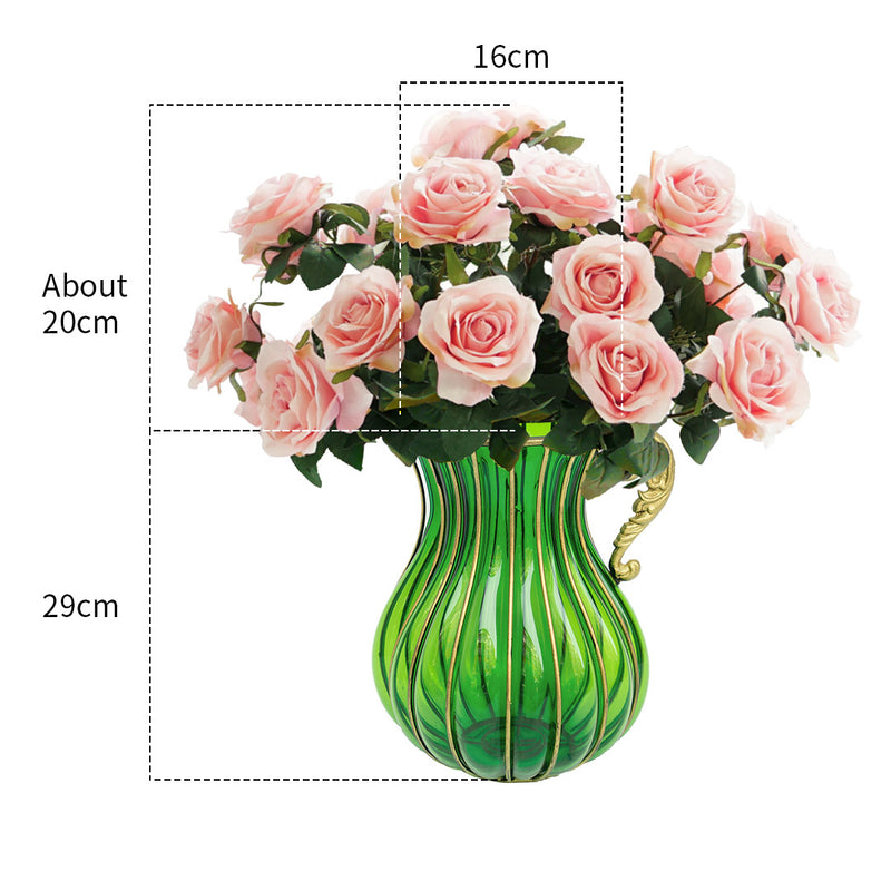 Green Glass And Gold Metal Vase 16x29cm 4 Bunch 9 Heads Silk Roses 50cm