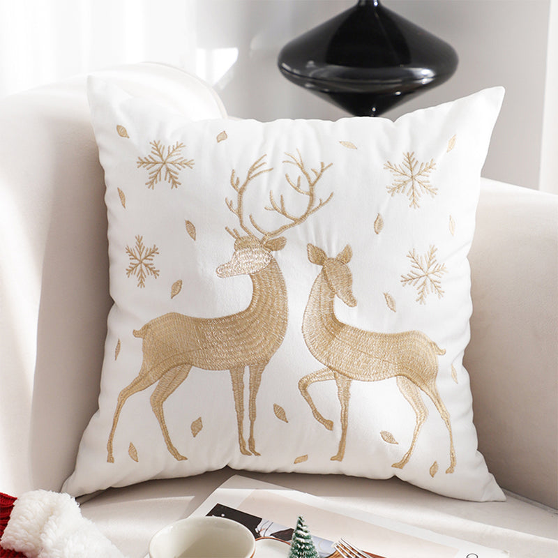 2X 45cm White Plush Throw Pillow Golden Reindeer Cozy Winter Christmas Decor