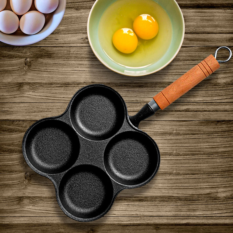 Cast Iron 4 Mold Breakfast Pan Nonstick 22cm for Omelet Pancake with Wood Handle
