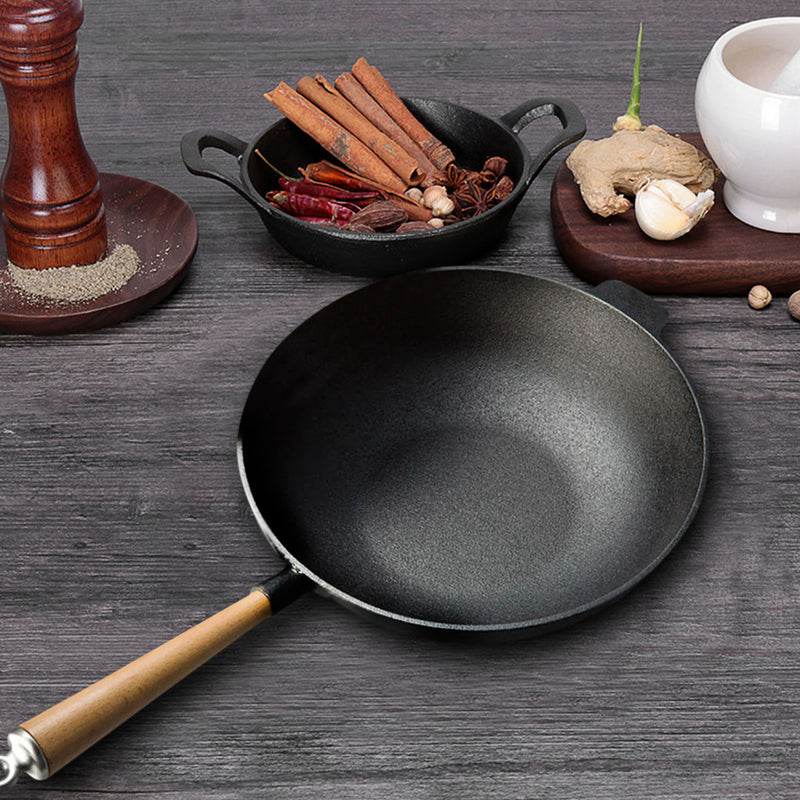 31cm Cast Iron Round Bottom Wok Skillet Preseasoned Wood Handle Black