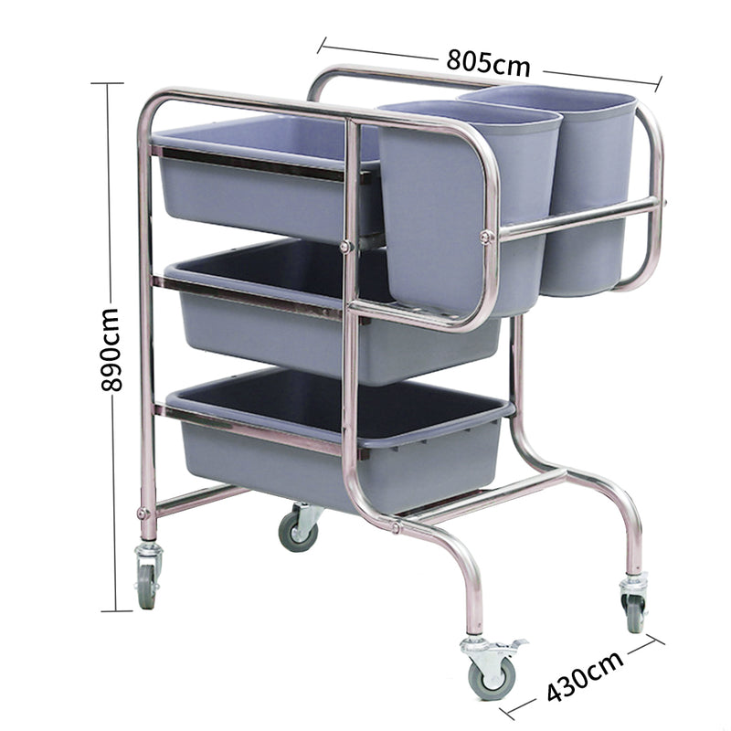 3 Tier PVC Food Trolley Cart 80x43x89cm With 5 Buckets Kitchen Utility
