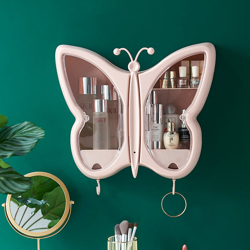 Pink Butterfly Wall-Mounted Makeup Organizer Dustproof Waterproof Bathroom Storage