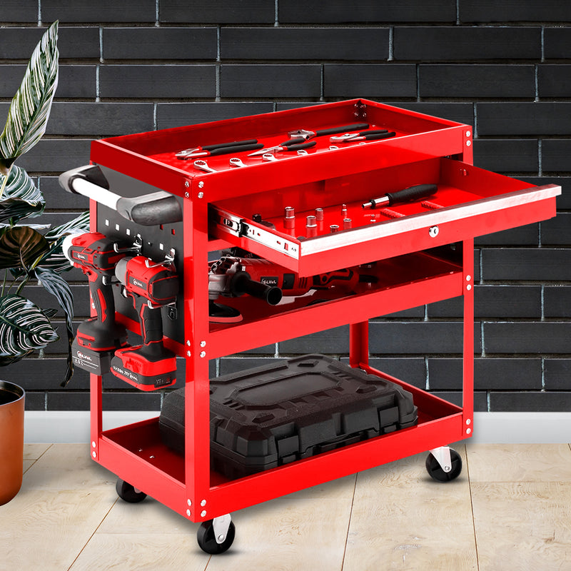 3 Tier Tool Storage Cart Heavy Duty Steel Mobile Trolley with Drawer Red