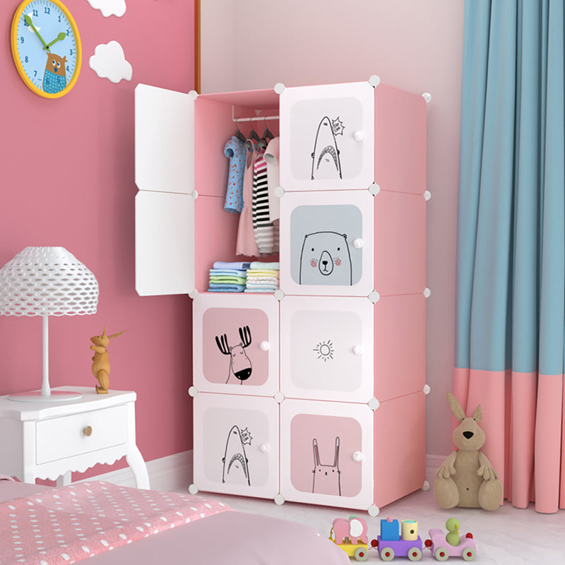 8 Cubes Pink Portable Wardrobe Polypropylene Panels Iron Wire Frame 75x37x146cm