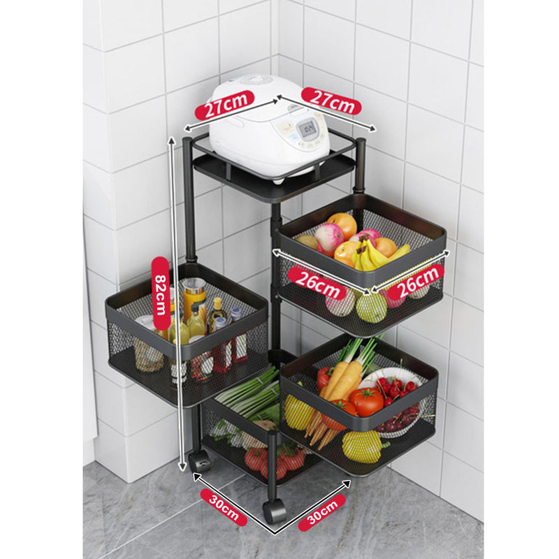 4 Tier Carbon Steel Rotating Kitchen Cart 30x30x82cm Black Locking Wheels