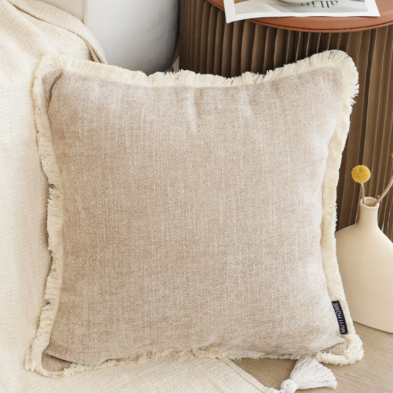 2X 45Cm Square Chenille Polyester Throw Pillow With Tassels Latte