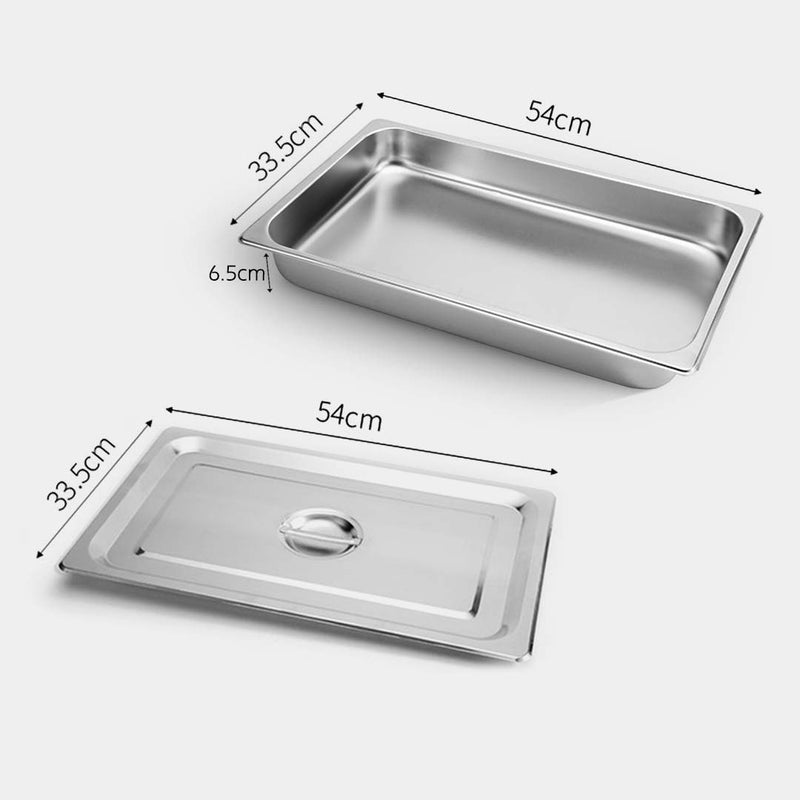 2X Full Size 1/1 Gastronorm Pan Stainless Steel 53cm X 32.5cm X 6.5cm With Lid