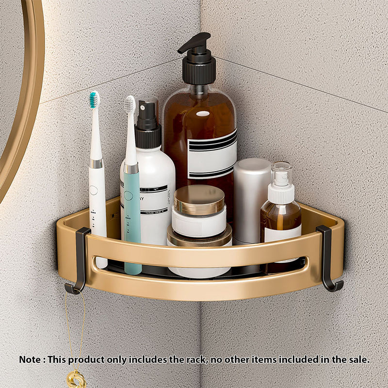 Wall Mounted Aluminum Corner Bathroom Shelf Rack 24.5x24x6cm Gold Adhesive Hooks
