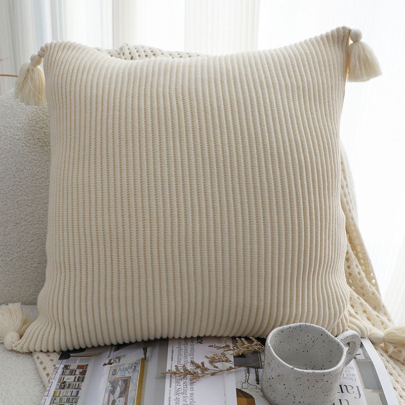 2X 45cm Khaki Square Throw Pillow Soft Velvet Tassel Plush Cushion Decor