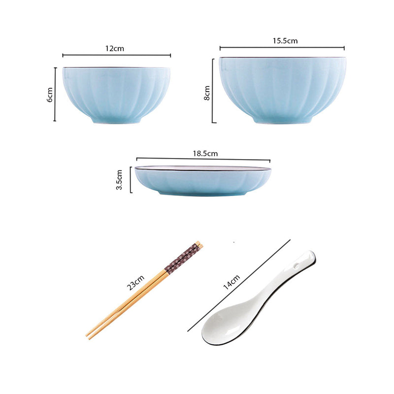 Japanese Blue Ceramic Dinnerware Set of 6 4.5in Bowl 7.5in Plate 6in Noodle Bowl