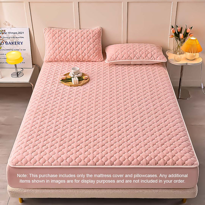 2X Pink Polyester Mattress Cover 203x153x40 Quilted Fleece With 4 Pillow Covers