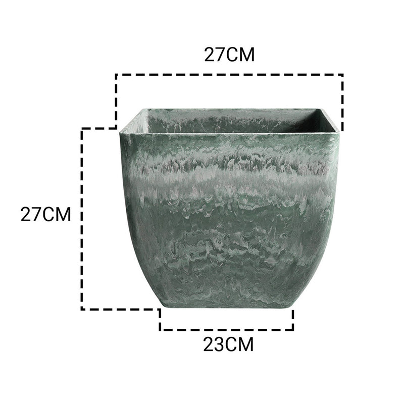 27cm Green Grey Square Resin Planter Cement Look Indoor Cachepot Tapered Pot
