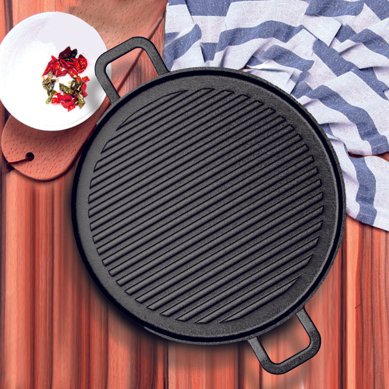 28cm Ribbed Cast Iron Frying Pan Skillet Non-Stick Sizzle Platter Black