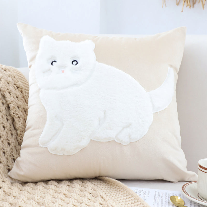2X Light Tan Square Throw Pillow 45cm Soft White Cat Design Decorative Cushion
