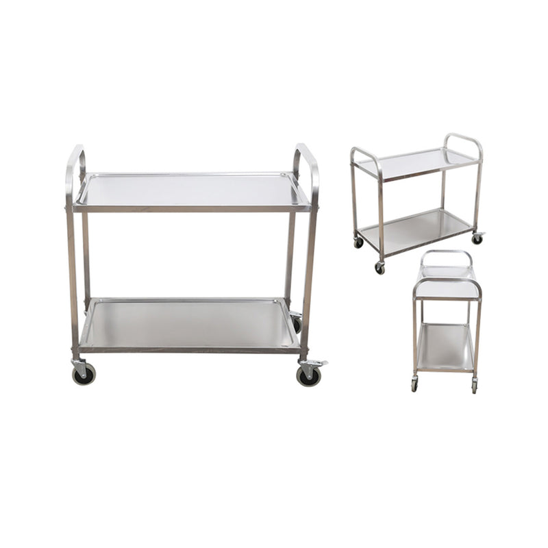 2X Stainless Steel 2 Tier Kitchen Trolley Utility Cart with Wheels 75x40x83.5cm