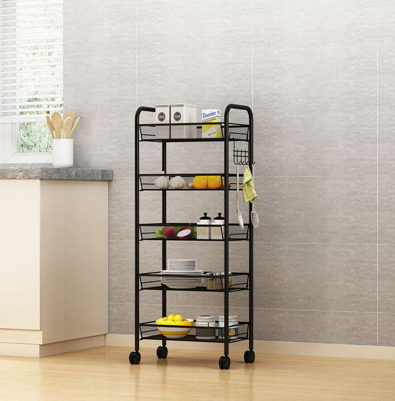 5 Tier Steel Kitchen Cart Black Mesh Shelves Portable Storage With Wheels