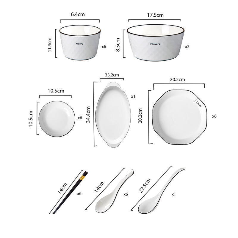 Diamond Pattern Ceramic Dinnerware Set of 22 Home Decor White Plates Bowls