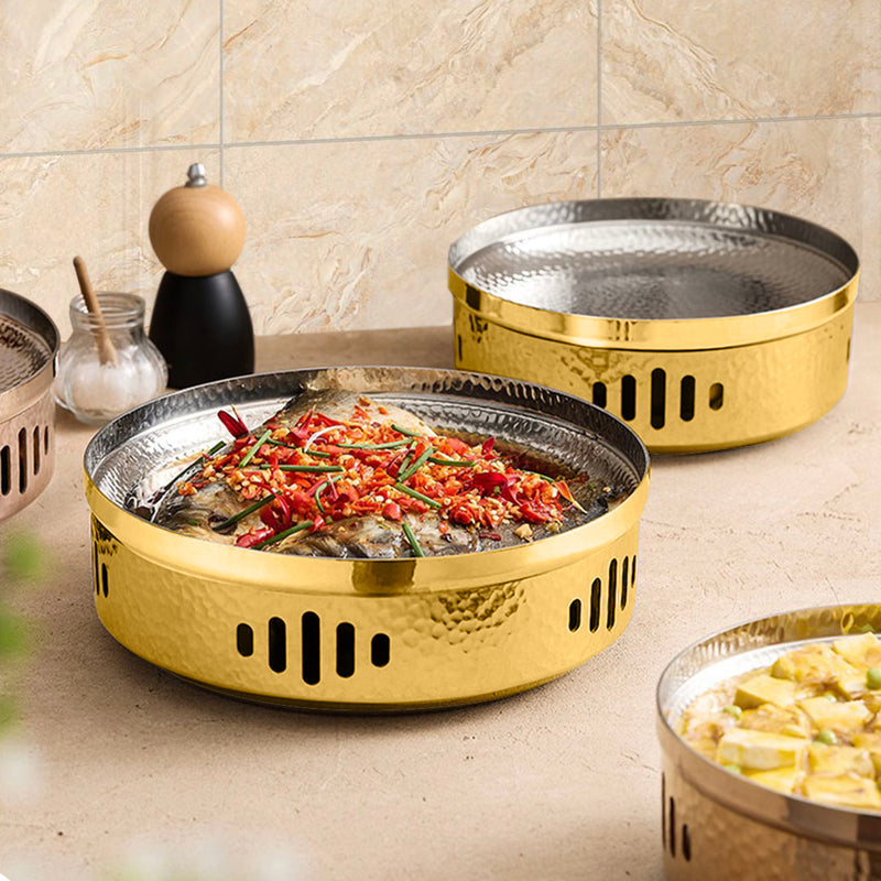 28cm Stainless Steel Insulated Dry Pot Hammered Texture Gold