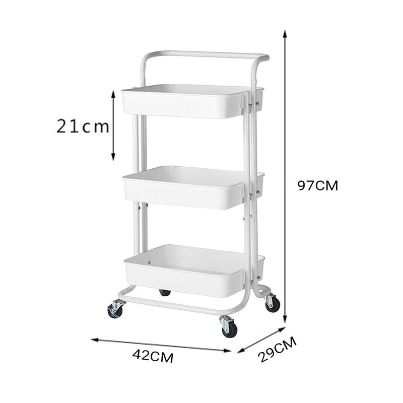 3 Tier Steel Kitchen Cart PVC Trays White Wheels Locking Castors