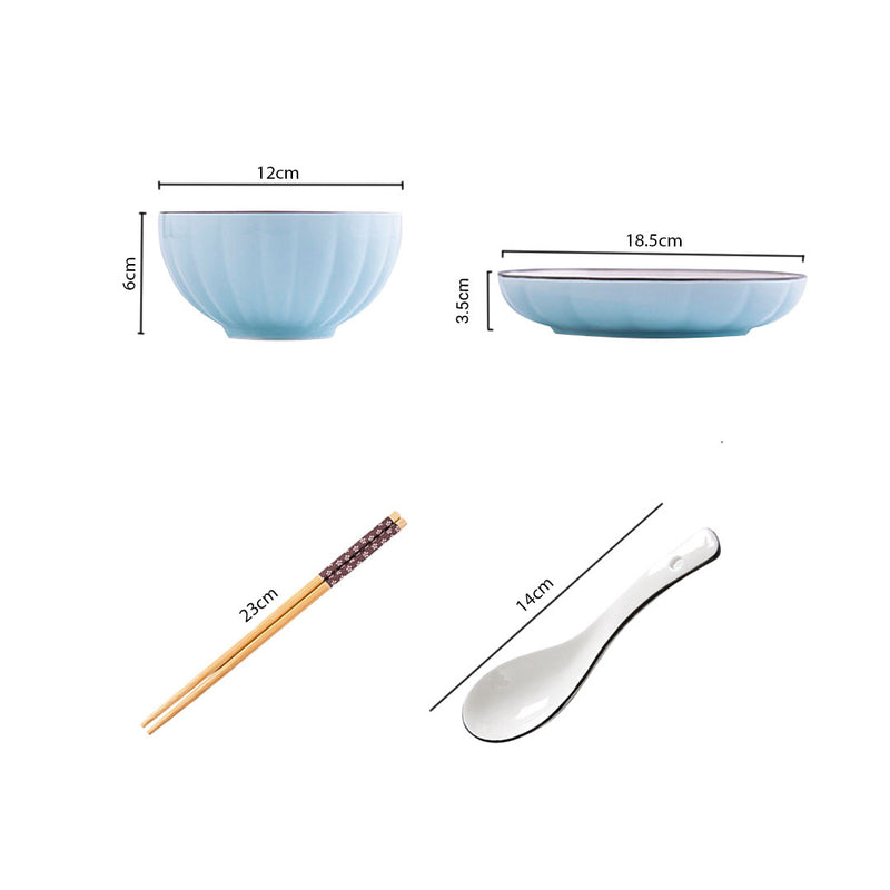 Japanese Style Blue Ceramic Dinnerware Set of 8 4.5 Inch Bowl 7.5 Inch Plate