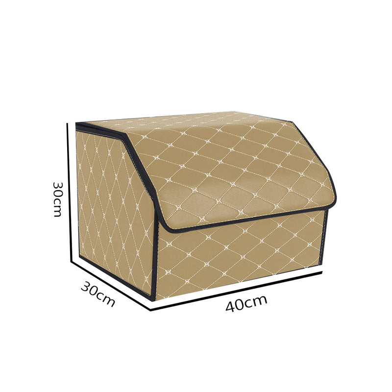 Leather Car Boot Organizer Box Medium Collapsible Foldable Beige Gold Stitch
