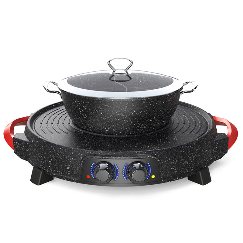 2 in 1 Electric Stone Coated Non Stick Hot Pot And Teppanyaki Grill 47cm Black