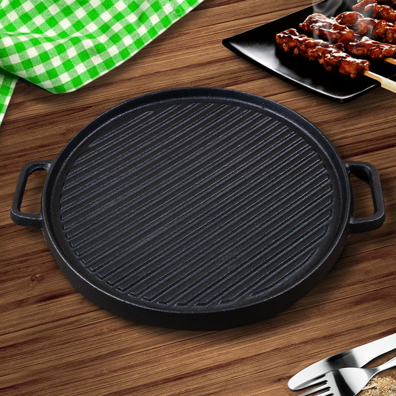 Round Cast Iron Ribbed BBQ Pan Skillet 30cm Pre-Seasoned Non-Stick Black