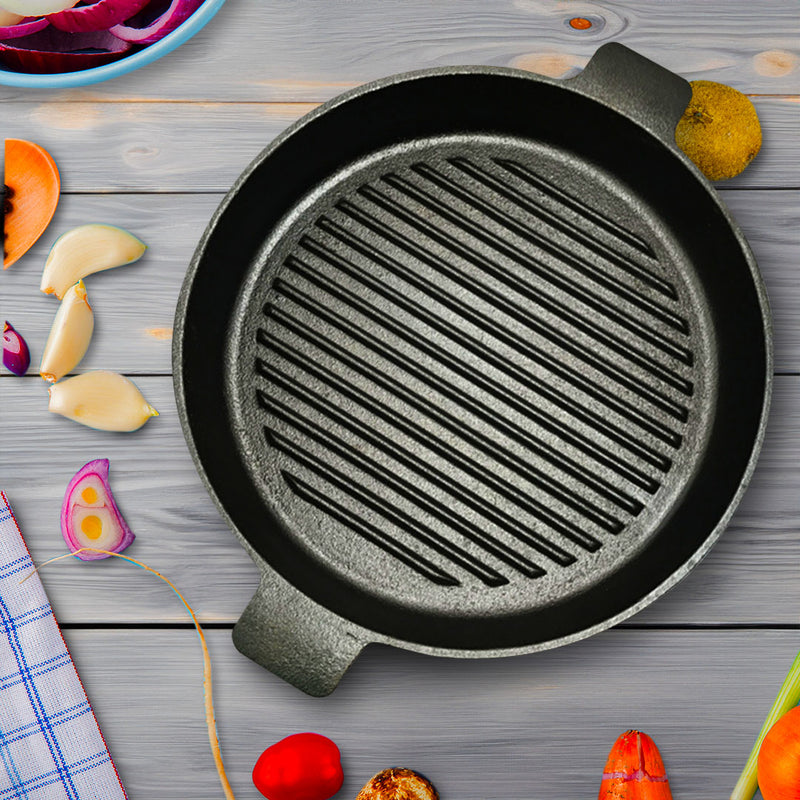 2X 26cm Round Ribbed Cast Iron Frying Pan Skillet Pre Seasoned Non Stick Handle