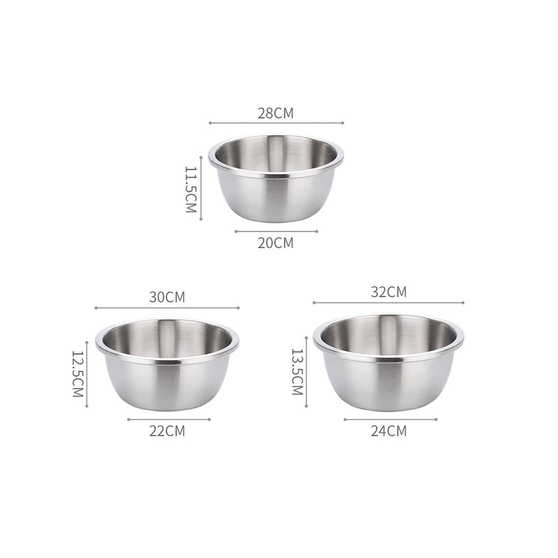 3Pcs Stainless Steel Mixing Bowls Set 30Cm 28Cm 26Cm Matte Silver