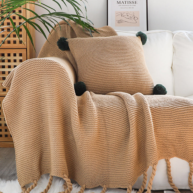 Knitted Tassel Fringe Acrylic Throw Blanket 130cmx170cm Coffee Waffle Weave Cozy