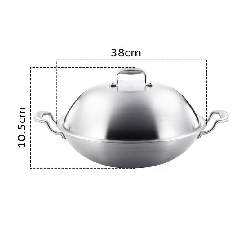 2X 38cm 18/10 Stainless Steel 3 Ply Wok Double Handle With Lid Induction Ready