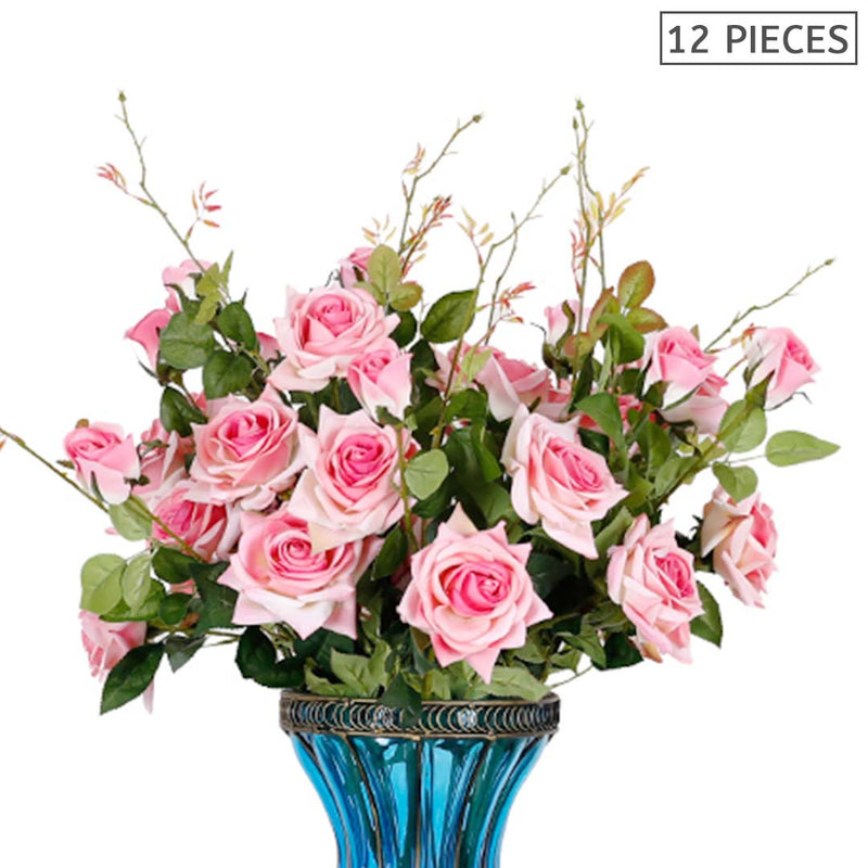 12pcs Artificial Silk Rose Bouquet 85cm Real Touch Pink Table Decor